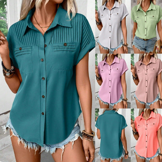 Damen Kurzarm-Bluse mit feiner Faltenpasse, Brusttaschen und Kentkragen Drune