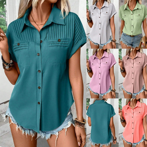 Damen Kurzarm-Bluse mit feiner Faltenpasse, Brusttaschen und Kentkragen Drune