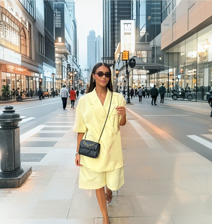 Damen lässiges hochwertiges Oversized Set mit Kurzärmeljacke und Shorts Drune