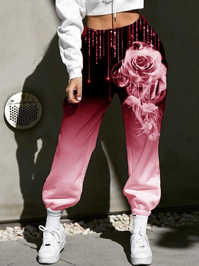 Damen Hohe Taille Jogginghosen mit Ombre-Gradient, Smoke Rose Druck und Elastischen Bündchen Drune