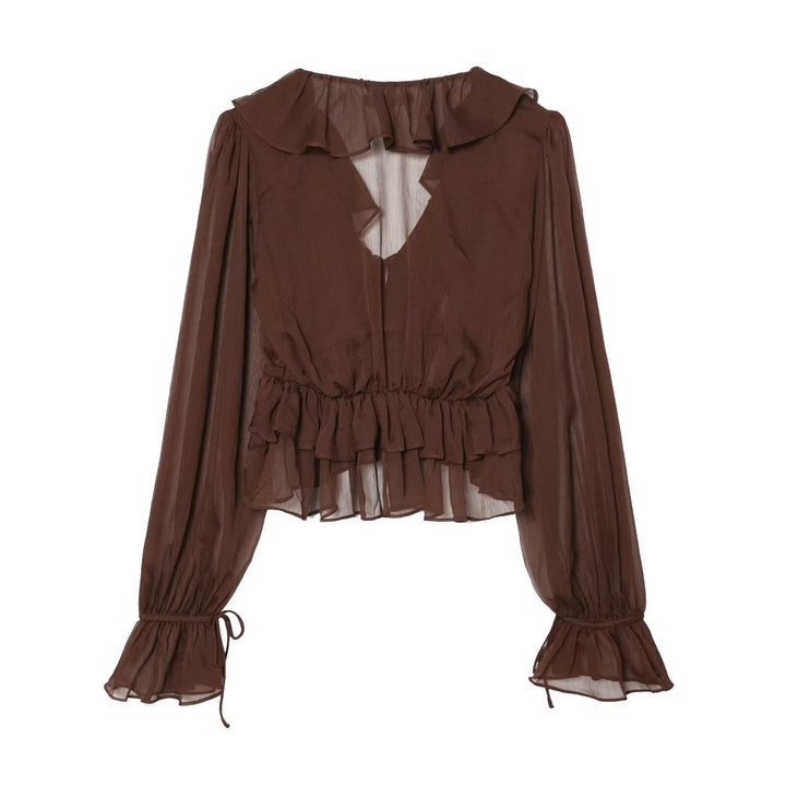 Damen Chiffon-Croppedbluse mit Rüschenvolant, Bindeband und Ballonärmeln Drune