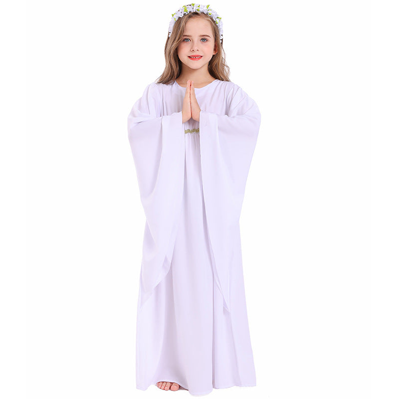 Mädchen märchenhaftes Kleid mit weitem Ärmeln und floralem Gürtel Drune