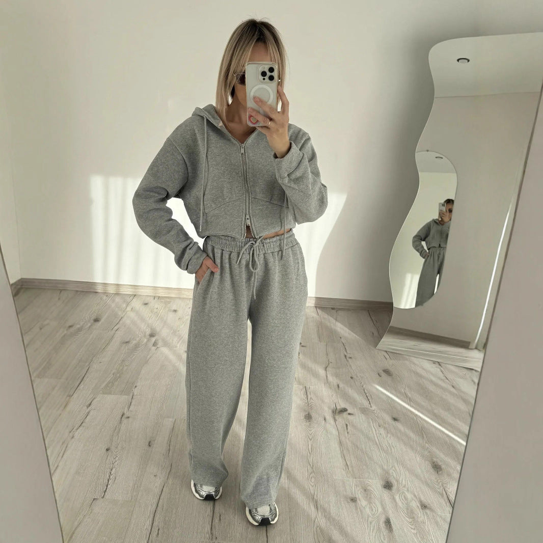 Damen Kurzgeschnittenes Zip-Hoodie mit Kordelzug‑Taille und weiter Palazzo‑Jogginghose Drune