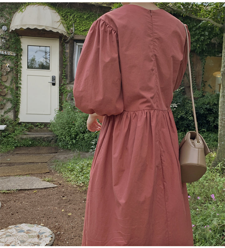 Damen Maxikleid mit V-Ausschnitt, geraffter Taillennaht und voluminösen dreiviertel-Ärmeln Drune