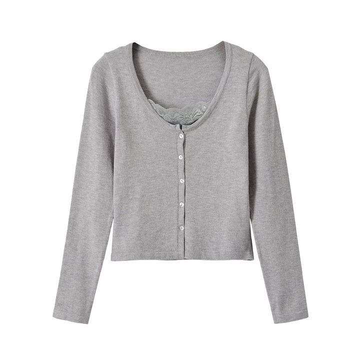 Damen Feinstrick-Cardigan mit Spitzen-Einsatz und durchgehender Knopfleiste Drune