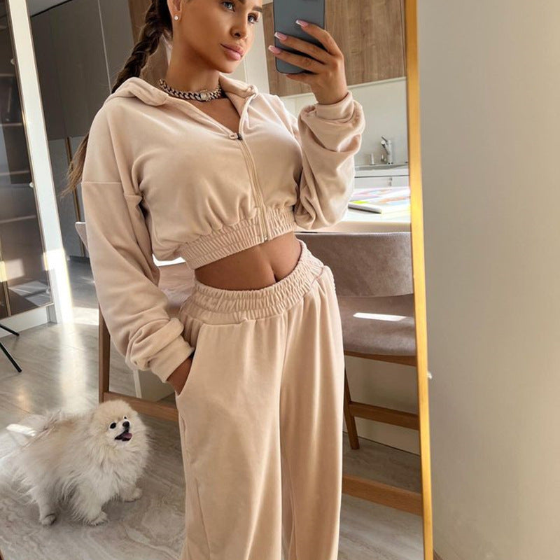 Damen nan kurzes Samt Trainingsset mit Reißverschluss Hoodie und weiter Bund Jogginghose Drune