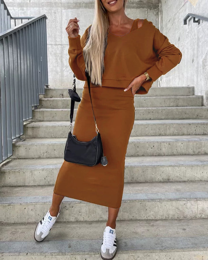 Damen Casual Cropped Feinstrick-Set mit hoch tailliertem Midi-Bleistiftrock und Racerback-Top Drune