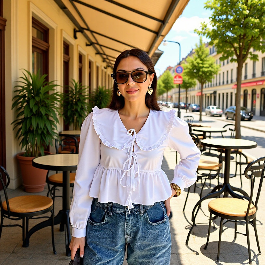 Damen Rüschige Cropped-Bluse mit übergroßem Kragen, Bindebändern und tailliertem Peplum Drune