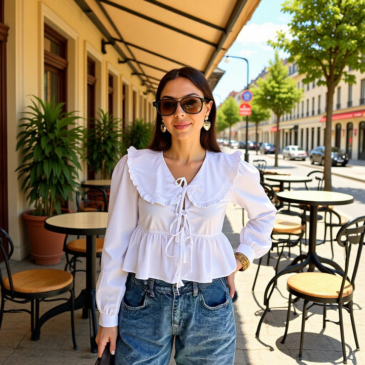 Damen Rüschige Cropped-Bluse mit übergroßem Kragen, Bindebändern und tailliertem Peplum Drune