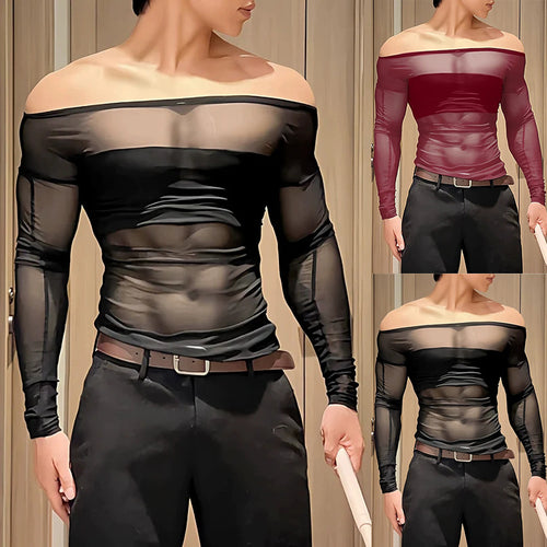 Damen nan transparentes Netz-Langarm-Oberteil mit blickdichtem Brustband und weitem Rundhalsausschnitt Drune