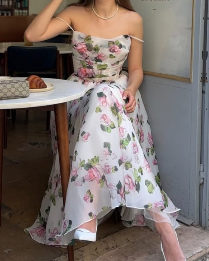 Damen Halb-transparentes Abendkleid mit floralem Muster und Trägern Drune