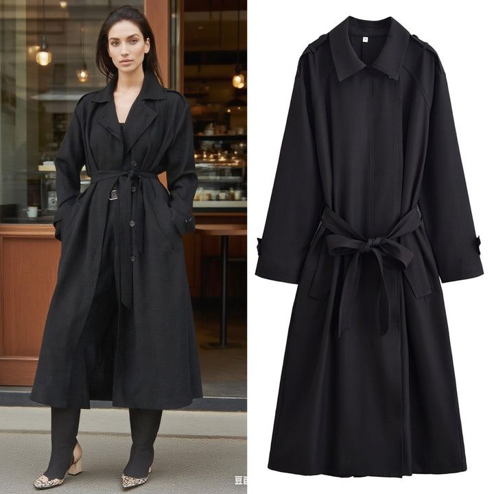 Damen Langer taillierbarer Trenchcoat mit Bindegürtel und Epauletten Drune