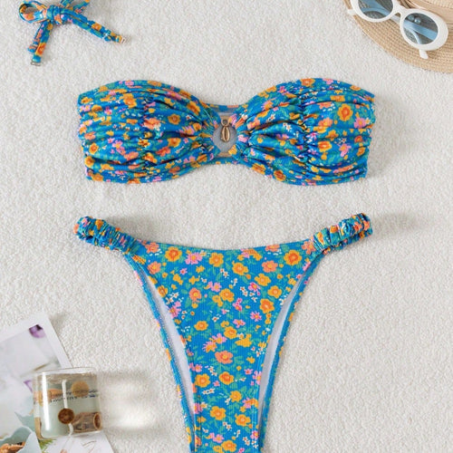 Damen Bandeau-Bikini mit viktorianischem Floralprint Drune