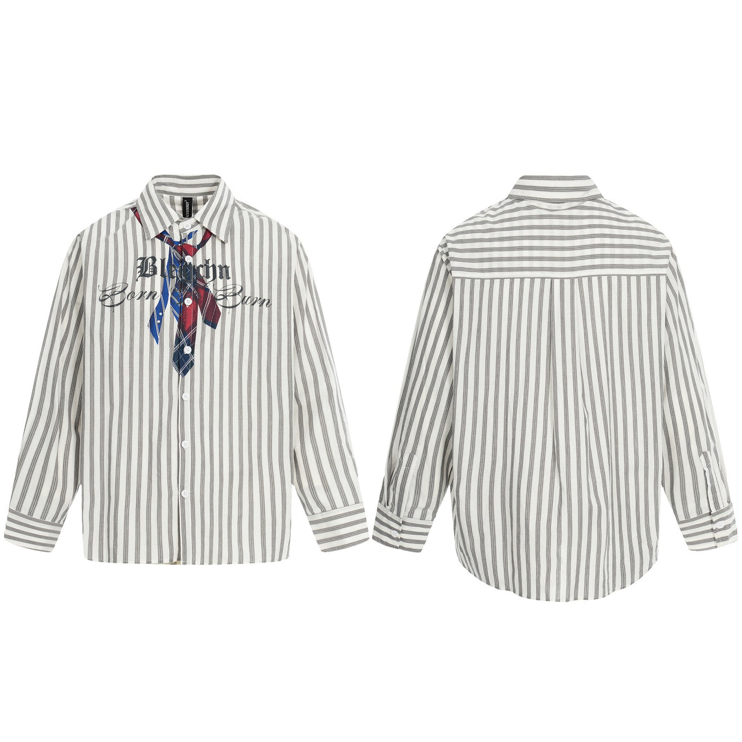 Damen Oversize-Hemd mit Längsstreifen, Krawatten-Print und Vintage-Schriftzug Drune