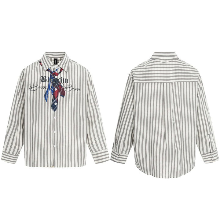 Damen Oversize-Hemd mit Längsstreifen, Krawatten-Print und Vintage-Schriftzug Drune