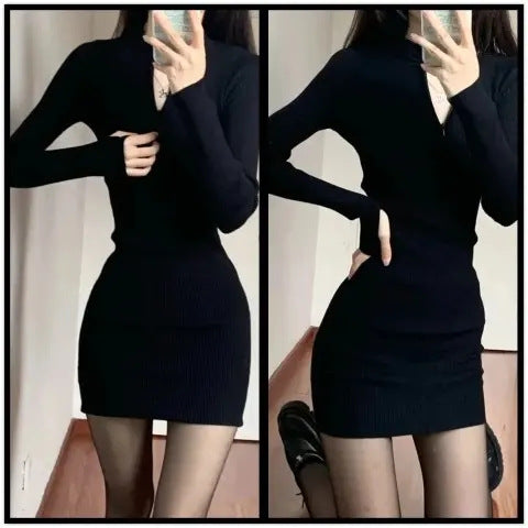 Damen figurbetontes Minikleid mit modernem Reißverschluss und Rippstruktur Drune