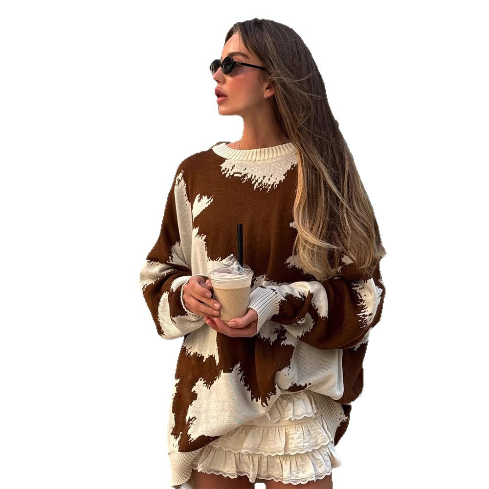 Damen Oversized Strickpullover mit abstraktem Fleckenmuster und Rippbündchen Drune