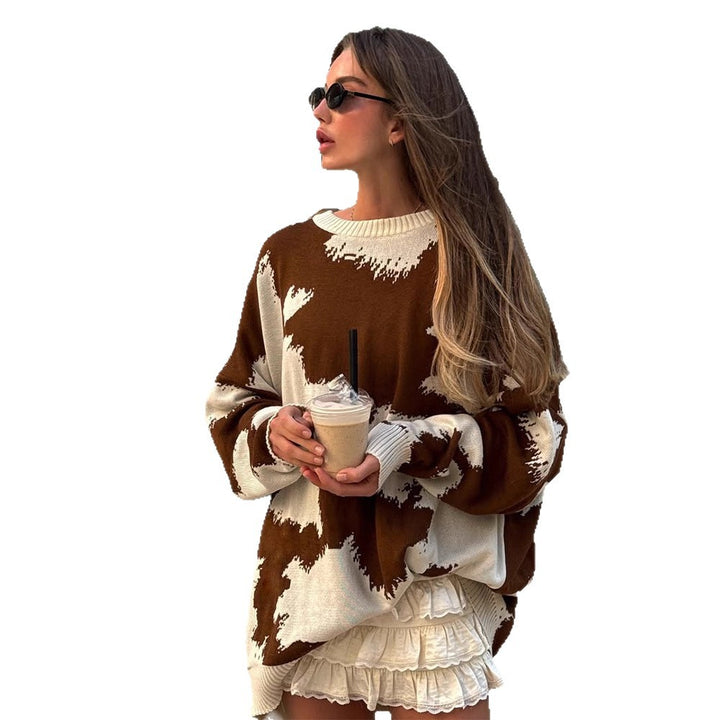 Damen Oversized Strickpullover mit abstraktem Fleckenmuster und Rippbündchen Drune