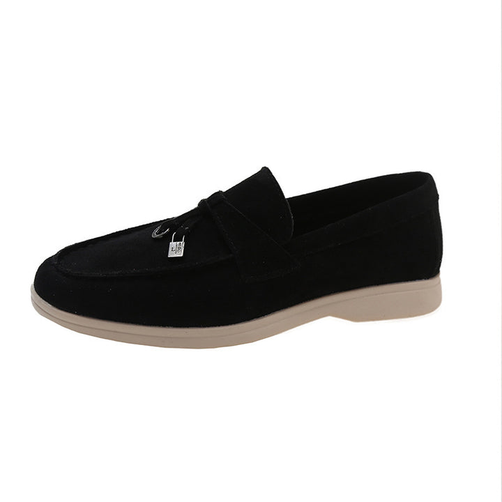Damen lässige Veloursleder-Optik Slipper mit dekorativer Zierkordel, weichem Komfortfußbett und flexibler Leichtsohle Drune