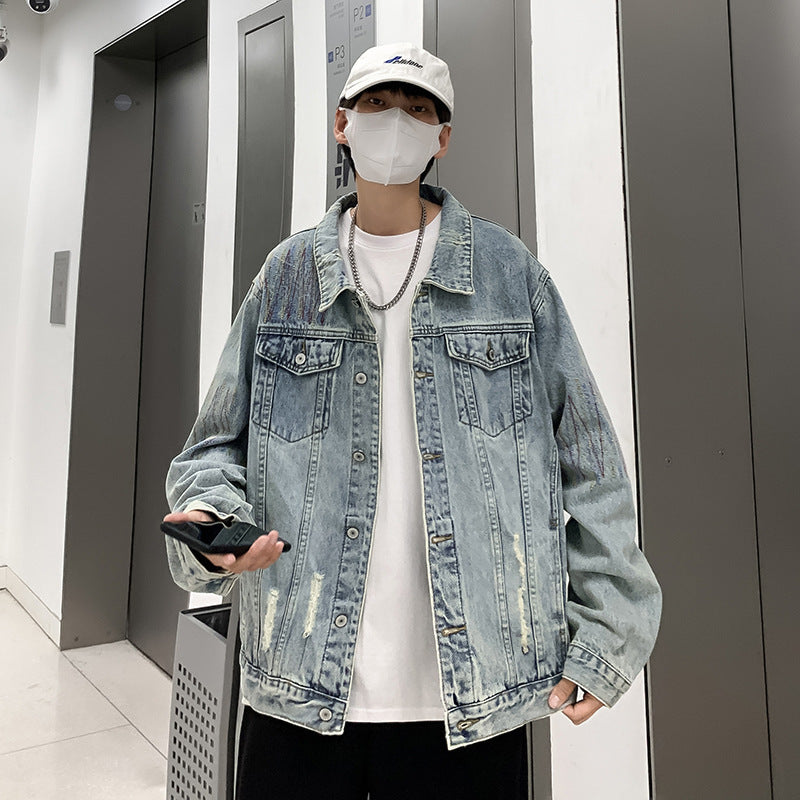 Herren Modische Denimjacke mit kreativen Akzenten Drune
