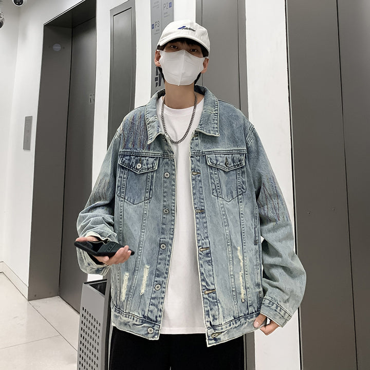 Herren Modische Denimjacke mit kreativen Akzenten Drune