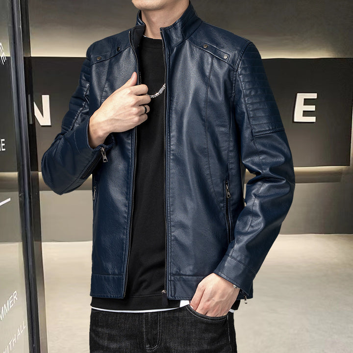 Herren Slim-Fit Kunstleder-Bikerjacke mit Stehkragen und Reißverschlusstaschen Drune
