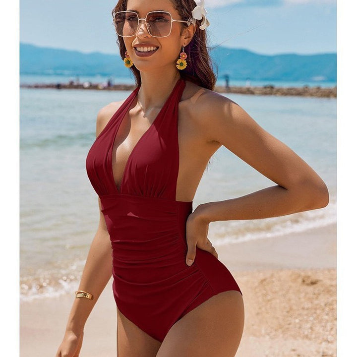 Damen Eleganter Leo-Badeanzug mit tiefem V-Ausschnitt Drune