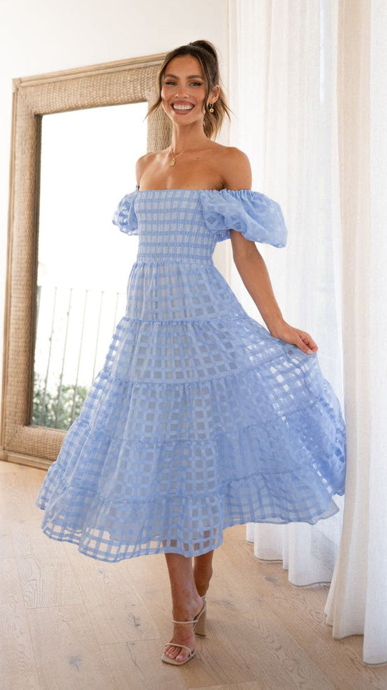 Damen Maxikleid mit luftigen Puffärmeln und gerafftem Oberteil Drune
