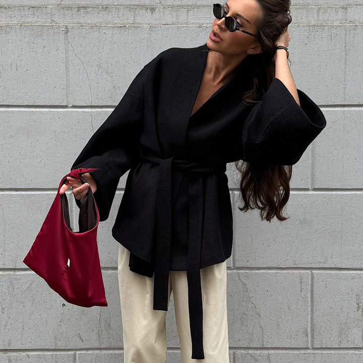 Damen lässige Waffelstoffjacke mit Taillengürtel Drune