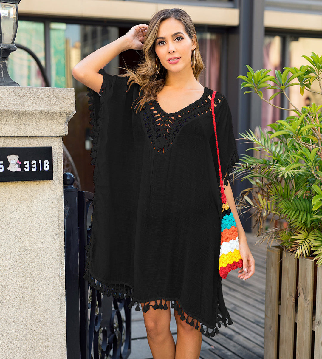 Damen luftiger Kaftan mit Fransen Drune