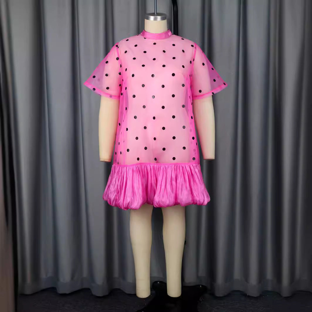 Damen Transparentes Polka-Punkte Kleid mit Rüschensaum Drune