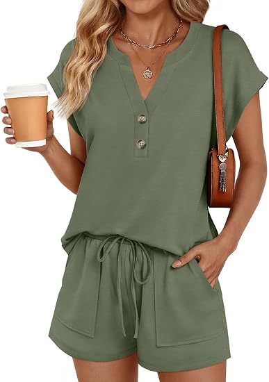 Damen Lässiges zweiteiliges Lounge-Set mit Knopfleiste, Kordelzugshorts und Eingrifftaschen Drune