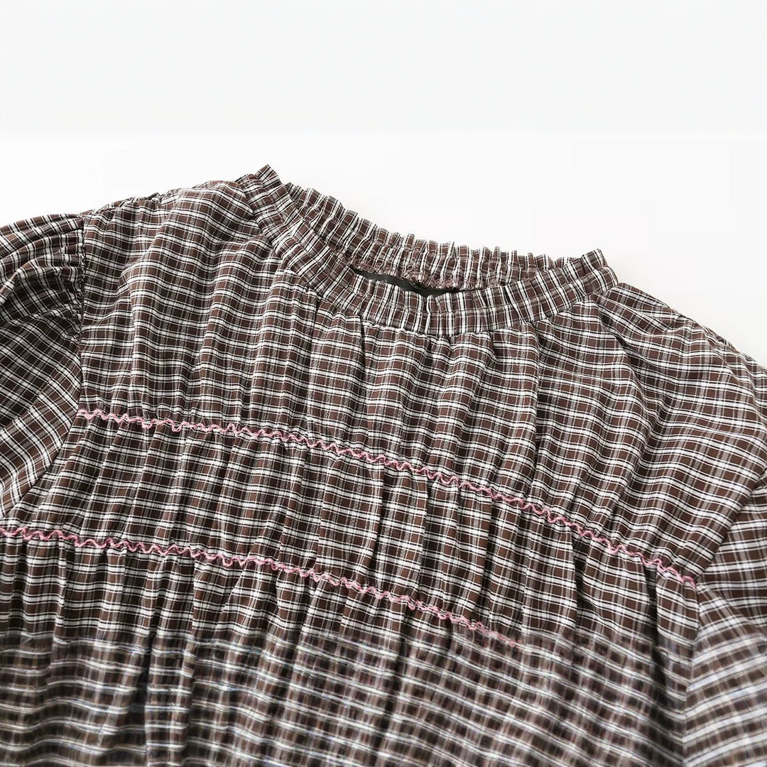 Damen Kariertes Smock-Tunika-Top mit Volantbund und Puffärmeln Drune