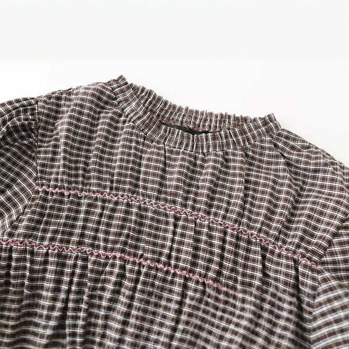 Damen Kariertes Smock-Tunika-Top mit Volantbund und Puffärmeln Drune