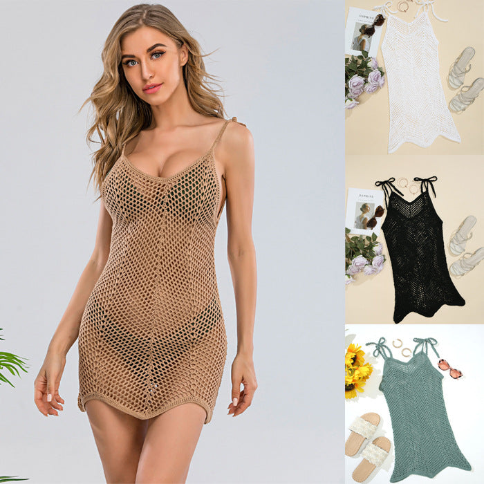 Damen Häkel-Strandkleid mit verstellbaren Trägern und dekorativem Netzdesign Drune