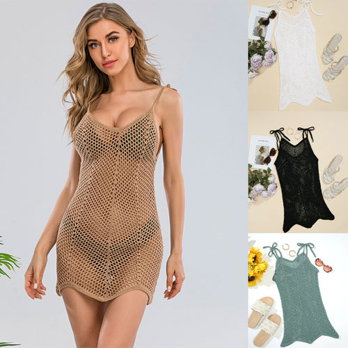 Damen Häkel-Strandkleid mit verstellbaren Trägern und dekorativem Netzdesign Drune