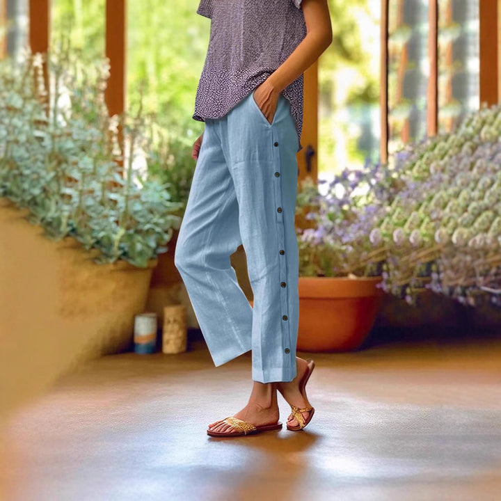 Damen Cropped Weitbeinige Knopf-Trim Leinen-Mischung Casual Hose Drune