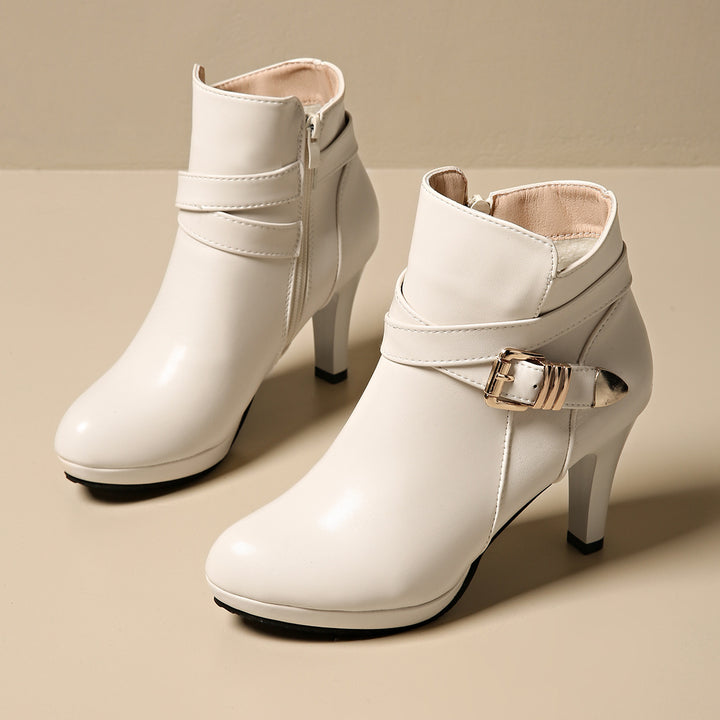 Damen Elegante Ankle-Boots mit hohem Absatz, seitlichem Reißverschluss und dekorativem Schnallengurt Drune