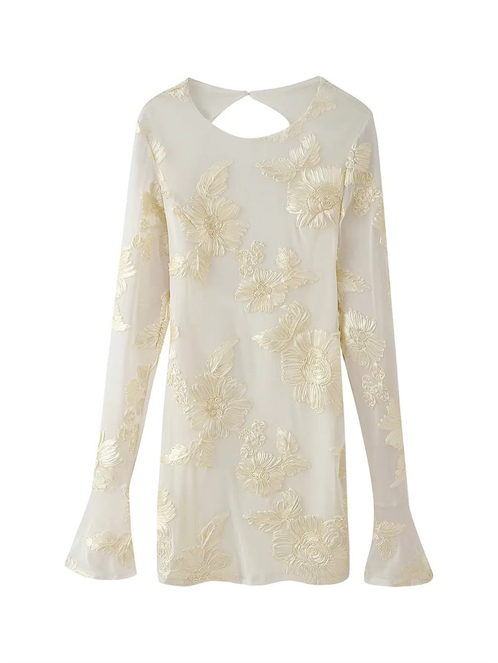 Damen nan bestickte Chiffonbluse mit floraler 3D-Applikation, Cut-Out Rücken und ausgestellten Manschetten Drune