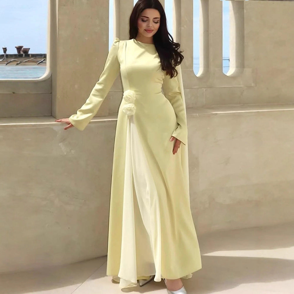 Damen Abendkleid mit Cape-Ärmeln, taillierter Silhouette und Zierblüten-Detail Drune
