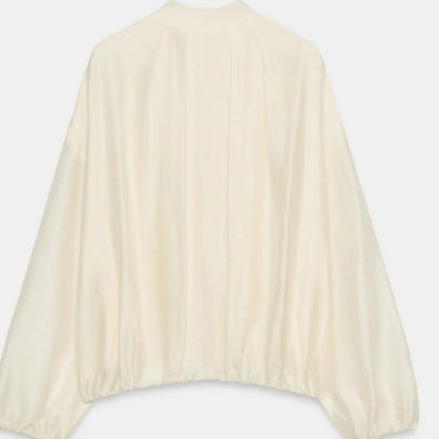 Damen Oversize‑Blousonjacke mit schimmernder Satin‑Optik, Stehkragen und Tunnelzugsaum Drune