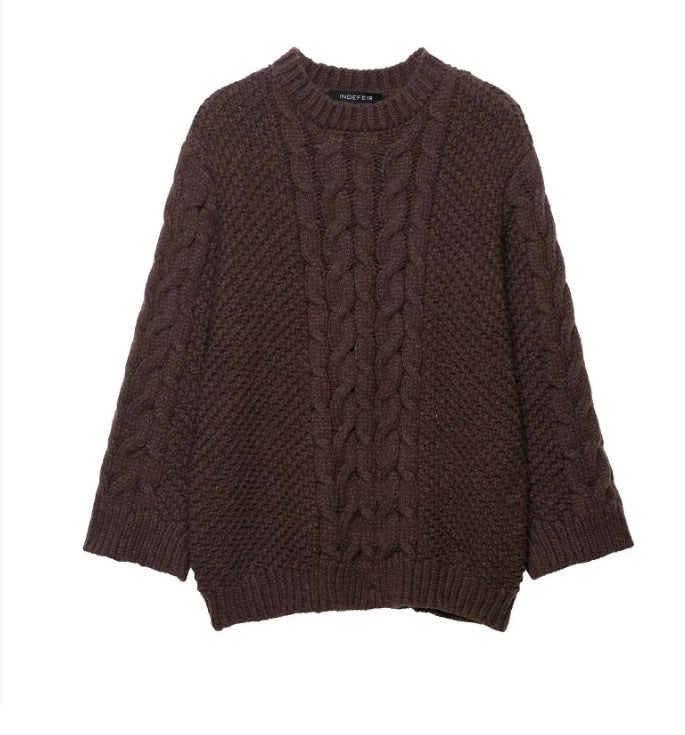 Damen 1800+ Oversize Zopfmuster‑Strickpullover mit weitem Rundhals und Ballonärmeln Drune