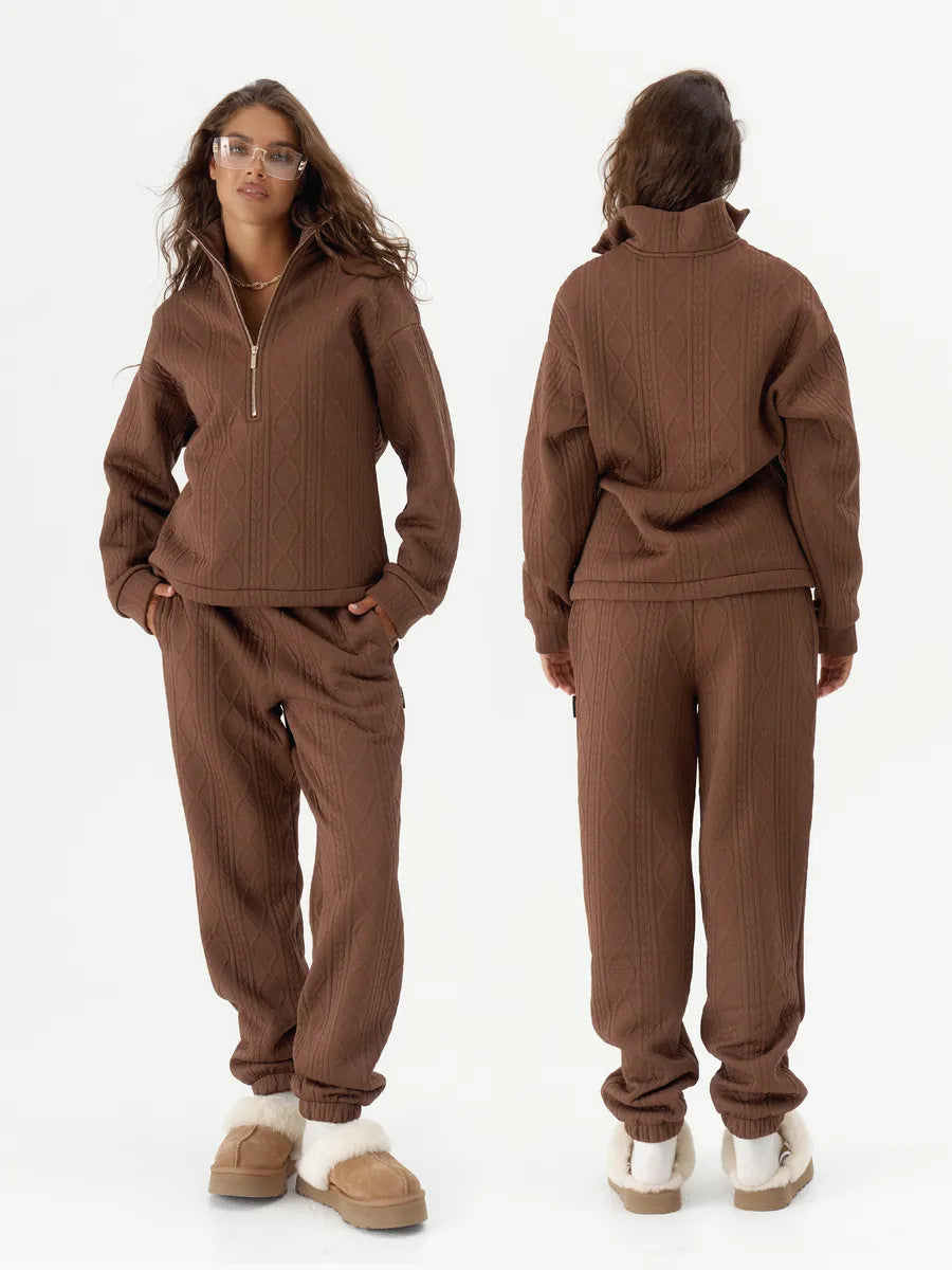 Damen Zopfstrick-Lounge-Set mit halbem Reißverschluss und hochtaillierter Jogginghose Drune
