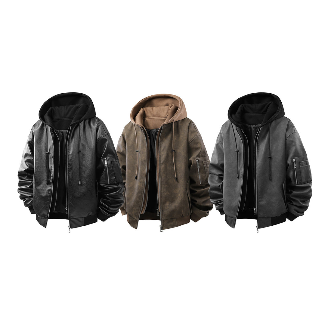 Herren Oversized Kunstleder-Bomberjacke mit Kapuze, Ärmeltasche und Reißverschluss Drune