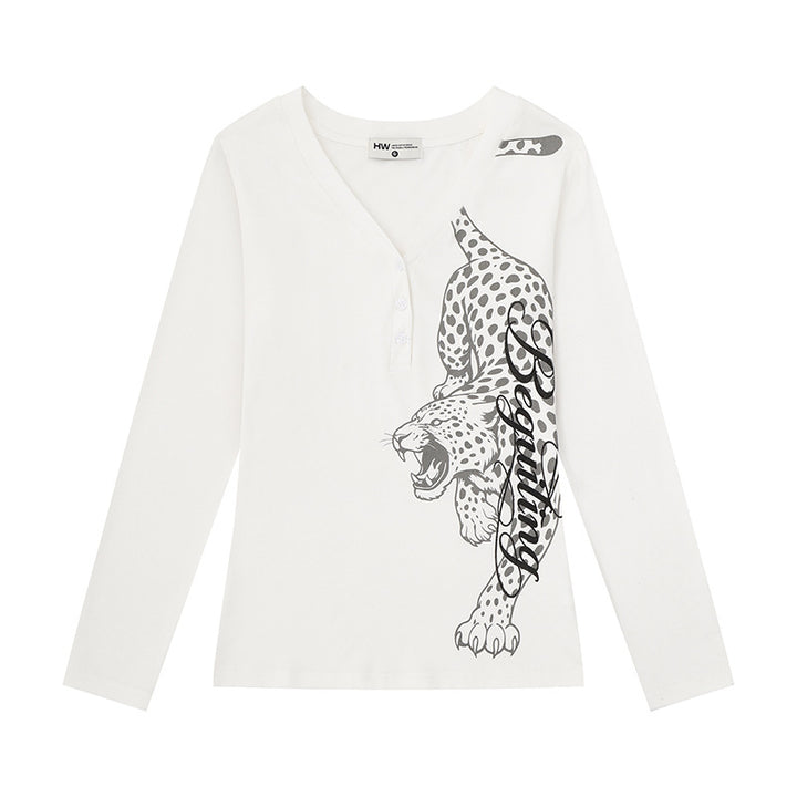 Damen Langarm-Henleyshirt mit V-Ausschnitt und großflächigem Panther-Print Drune