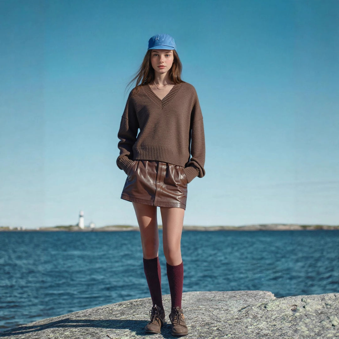 Damen V-Ausschnitt Strickpullover mit lässigem Schnitt Drune