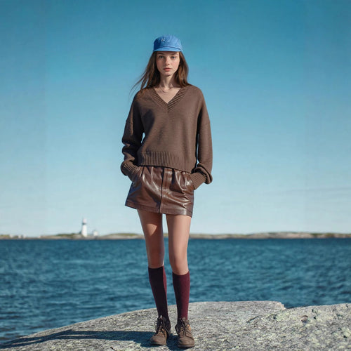 Damen V-Ausschnitt Strickpullover mit lässigem Schnitt Drune