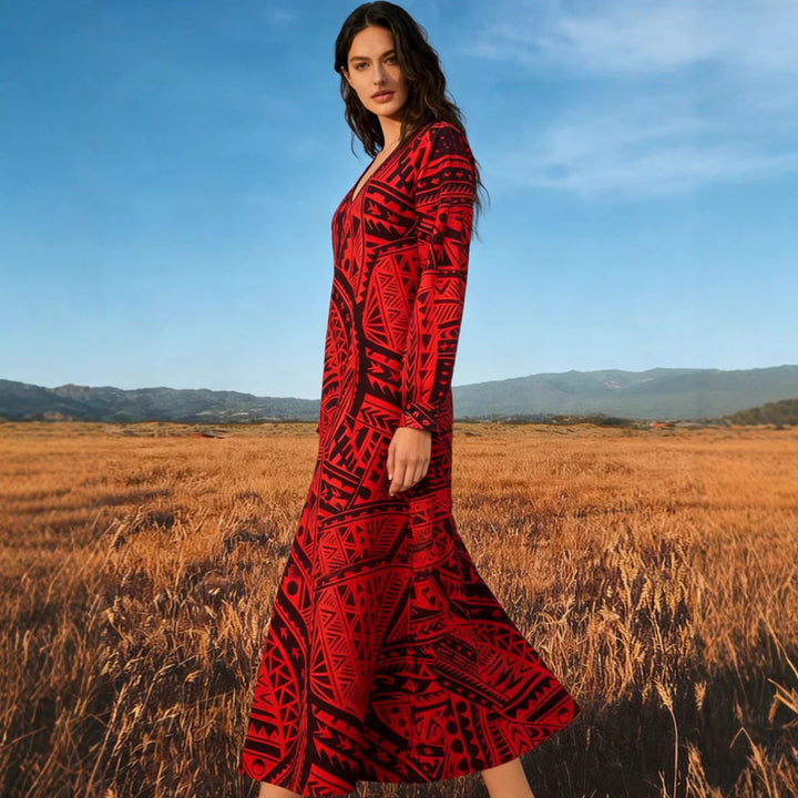 Damen Fließendes Maxikleid mit V-Ausschnitt, allover-geometrischem Print und weiter A-Linie Drune