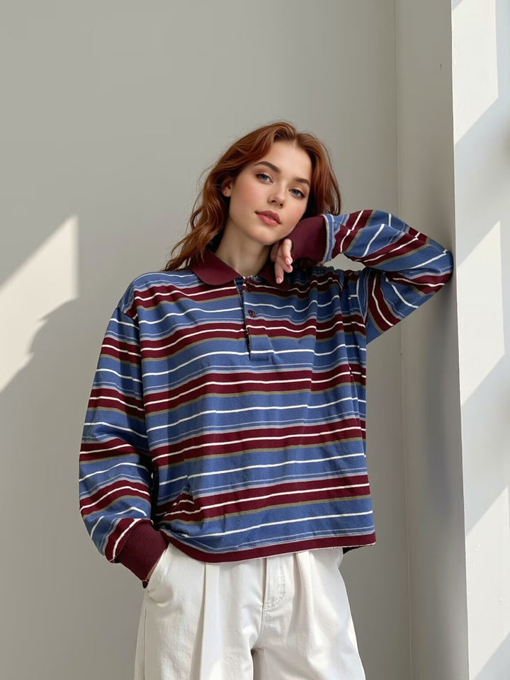 Damen Gestreiftes Poloshirt‑Sweatshirt aus Baumwollmix mit Kontrastkragen und gerippten Bündchen Drune
