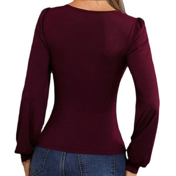 Damen figurbetontes Langarmshirt mit V-Ausschnitt und Ballonärmeln Drune